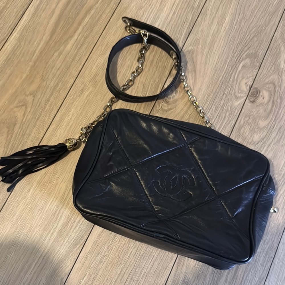 Vintage Black Quilted Leather Crossbody Camera Bag with Gold Chain